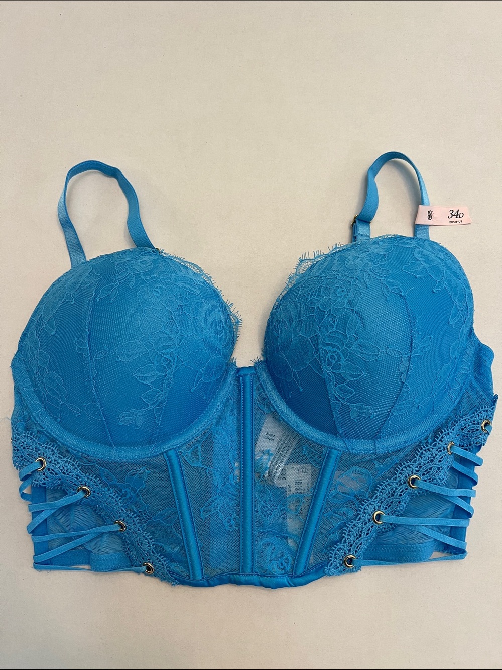 VICTORIA SECRET BLUE BOMBSHELL PUSH UP TIE UP SIDES CORSET BRA 34D